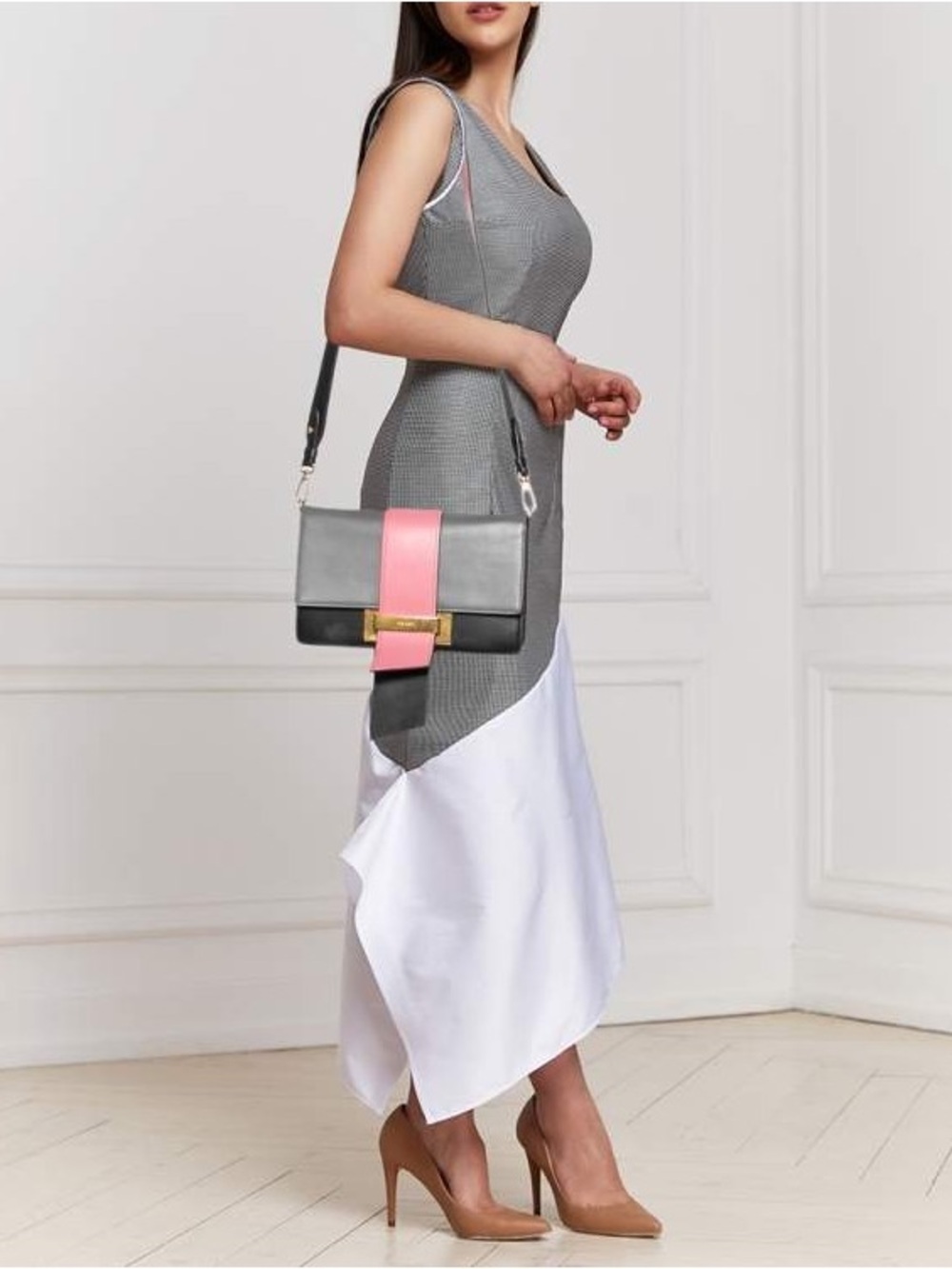 Prada Colorblock Leather Shoulder Bag in Pink, Gray & Black
